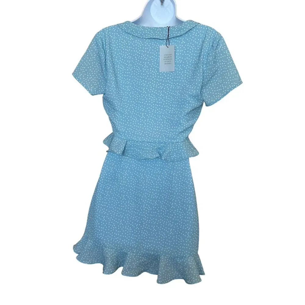 Superdown Pastel Blue Polka Dot Mini Dress XS Ruffle Cut Out Waist Y2K $72 NEW - Picture 6 of 7
